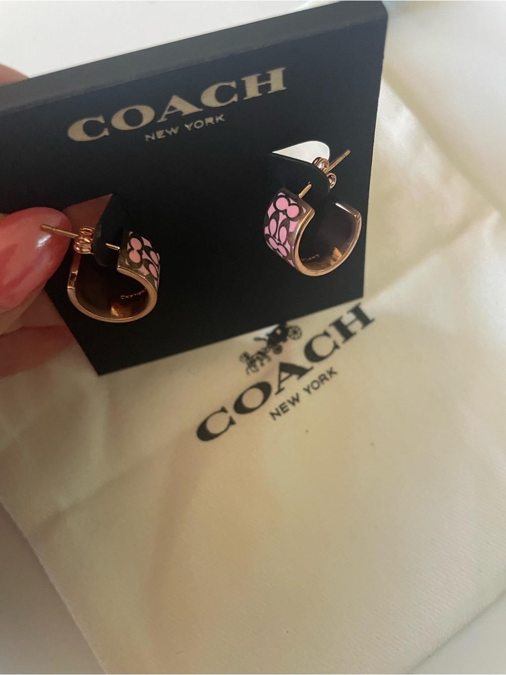 Coach Pink Enamel Signature Hoop Earrings with Gold-Tone Trim - Picture 2 of 3